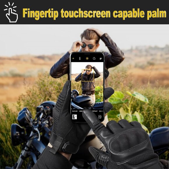 Men Black Touch Screen Full Finger Motorcycles Genuine Protective Leather Gloves - Picture 6 of 6